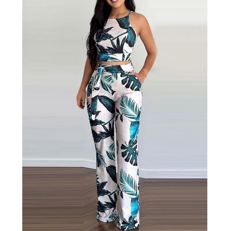 Summer Two Piece Set Women Fashion Short Print Sleeveless Vest High-waisted Wide-leg Pants Suit Two Piece Set Women Casual Suit