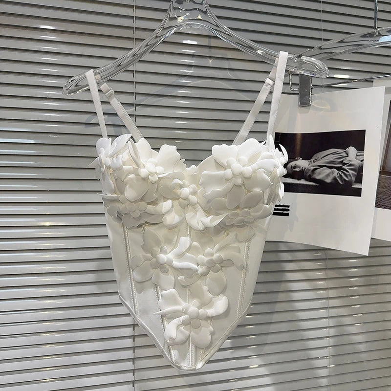 DEAT Fashion New Items Three-dimensional Flower Decoration Chest Pad Camisole For Women Fishbone Waist Sling Vest 11A04201