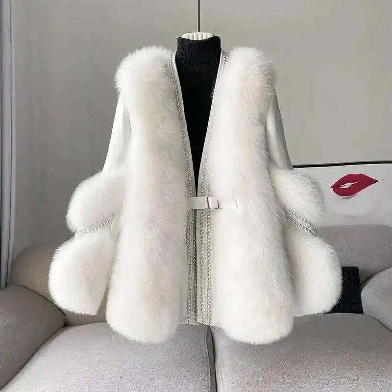 DEAT Fashion Temperament Thickened Fur Coat Cardigan Women Top-Quality Leather Patchwork Long Sleeve Jacket 2024 Winter 11SX023
