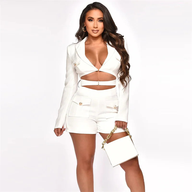 Elegante stilvolle Blazer-Strampler Damen Jumpsuit Shorts Langarm Hohl Bodycon Playsuit Einteiler Club Outfits