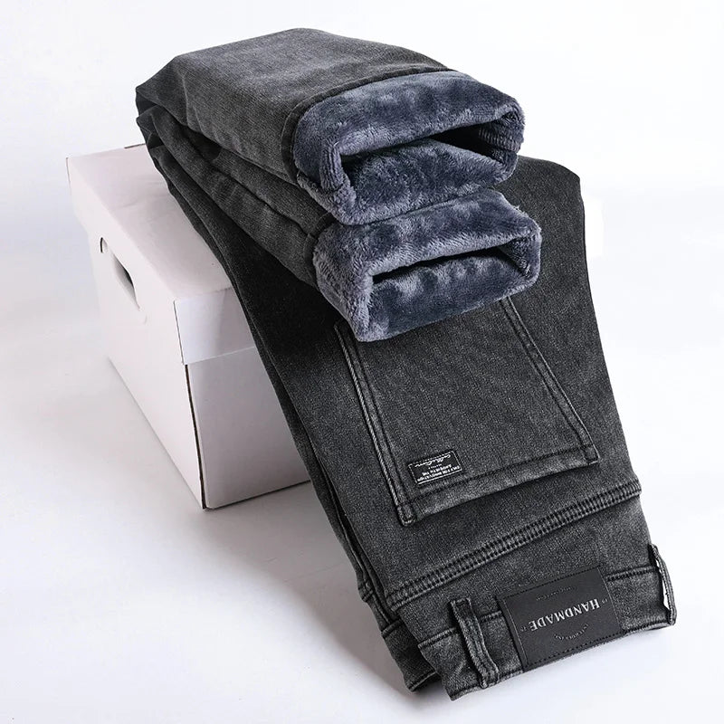 Winter Fleece Dicke Warme Jeans Herren Slim Straight Elastische Denim-Hose Lässige Herrenbekleidung Mode Plüschhose