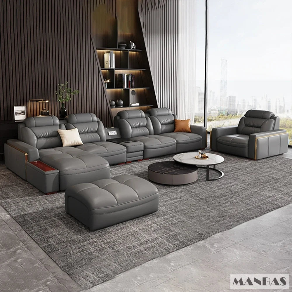 Premium italienische Echtleder-Ecksofas Sofagarnituren mit USB und Bluetooth Lautsprecher – MANBAS Wohnzimmermöbel