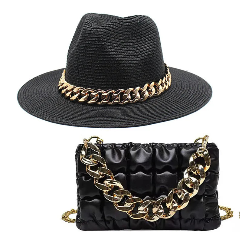 Set Straw Hat and Bag Set Gold Chain Bag Hat Set Ladies Leather Bag Tote Church Fedora Party Jazz Straw Hat