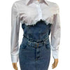 Denim Skirt Suit Women 2 Piece Sets Shirt Patchwork Turn Down Collar Belt Pockets Overshirt Straight Skirts Distressed Outfits