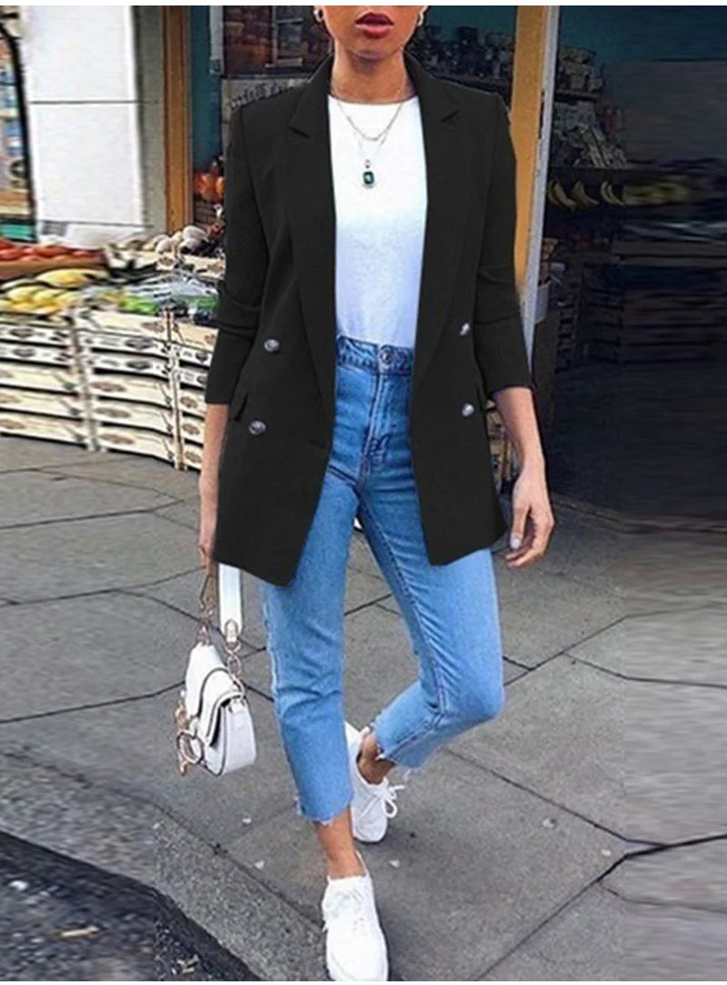 Women Fashion Solid Casual Suit Office Wear Vintage Long Sleeves Coat Spring Autumn Lady Jackets Blazers Jacket Lapel Outerwears
