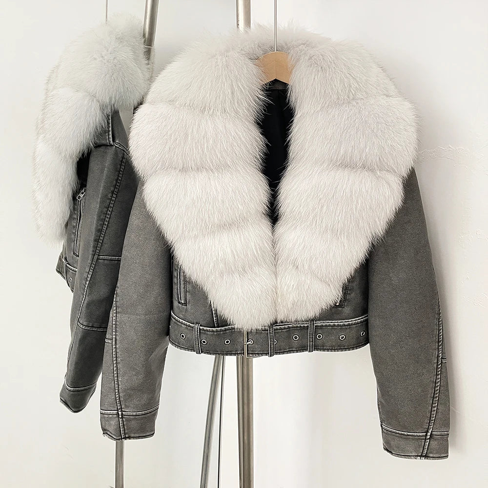 OFTBUY Natural Fox Fur Faux Leather Jacket Female New Autumn Short Top Clothing Women Long Sleeve Fake Leather Real Fur Coat