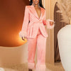 Wmstar Two Piece Set Women Turn Down Collar Feathers Patchwork Top and Pants Suit Matching Fall Clothes Wholesale Dropshpping