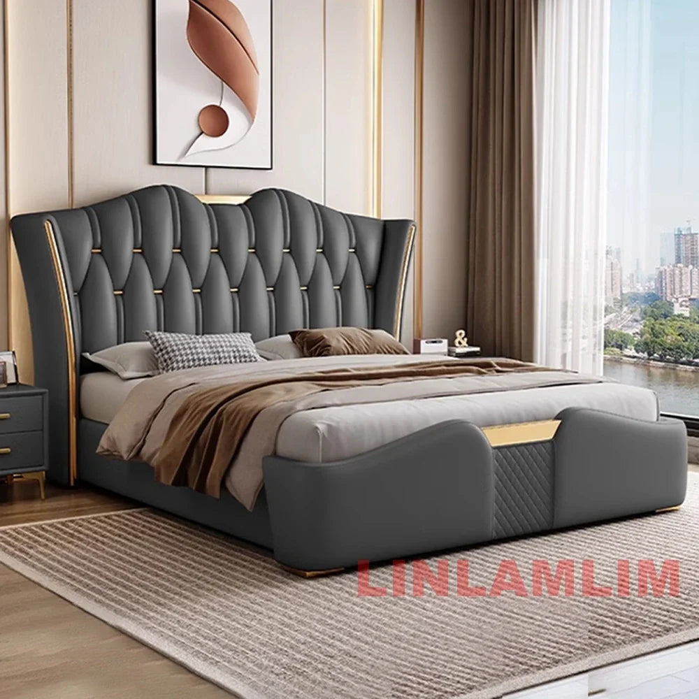 MINGDIBAO Luxuriöses, modernes Polsterbettgestell mit Goldakzenten, Designer-Bett aus echtem Leder, Schlafzimmermöbel in Queen-/King-Size