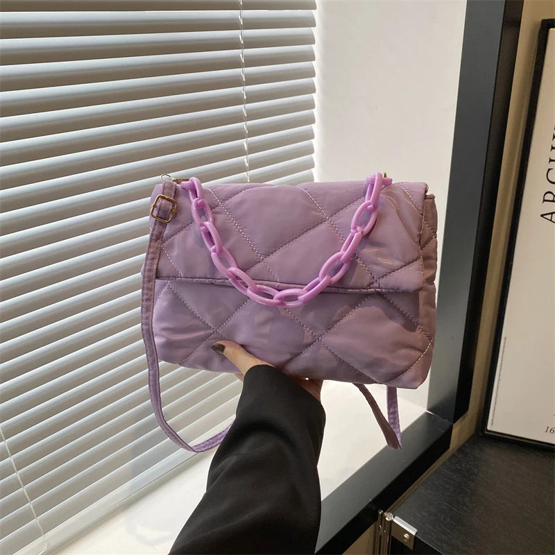 Acryl-Ketten-Umhängetaschen, quadratisch, lässig, Klappe, Damen-Pendeltaschen, gesteppt, All-Match, Winter, große Kapazität für Mädchen zum Einkaufen