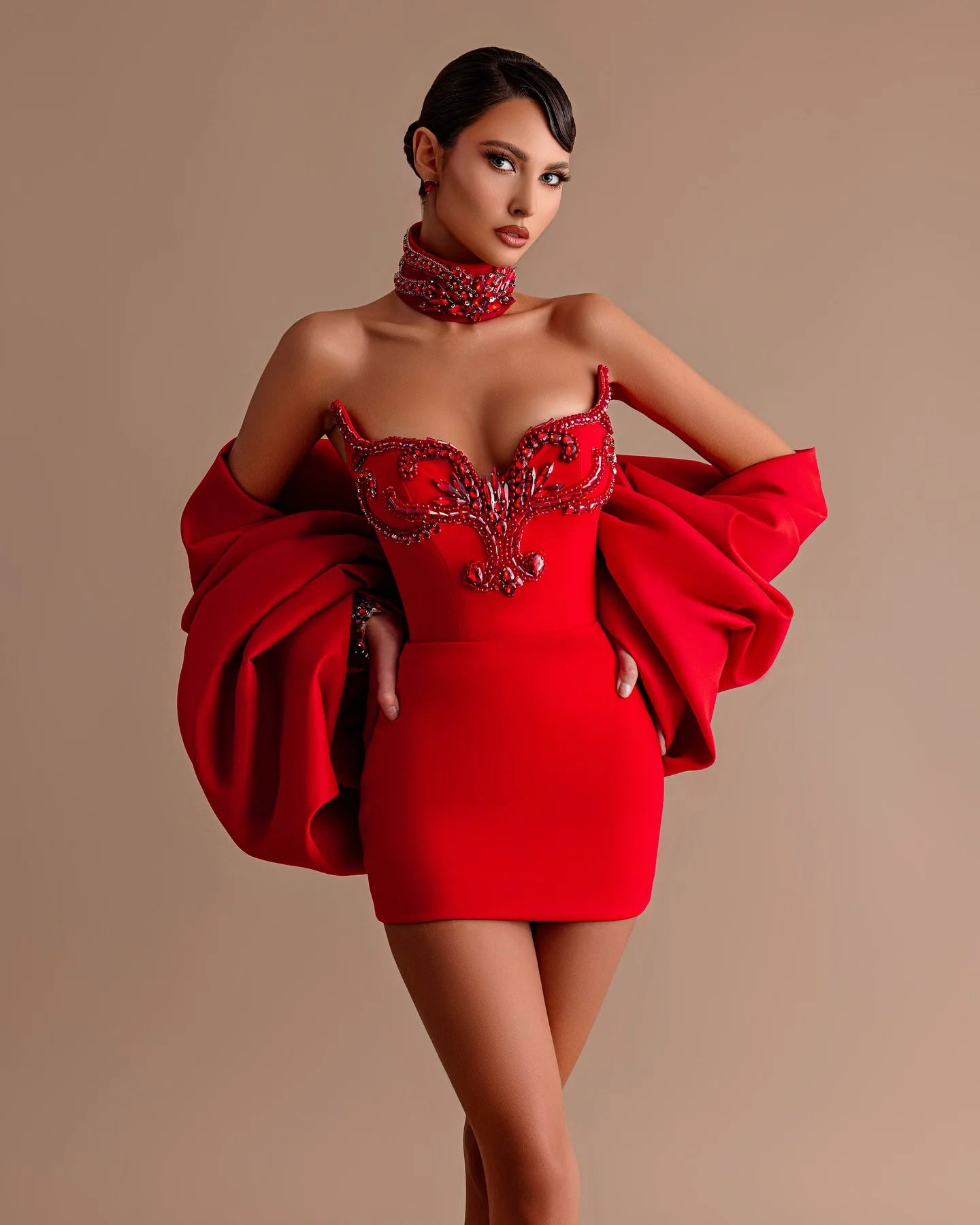 Luxury Red Sparkle Rhinestone Sheath Short Formal Party Dresses With Oversize Bow Cape Sexy Mini Women Birthday Dress