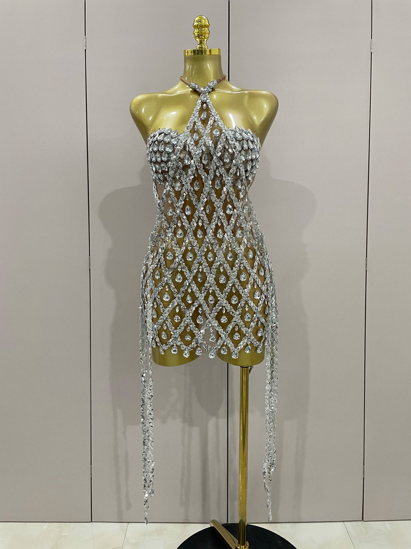 Sexy Sparkly Sequin Diamond Mesh Transparent Two Piece Set Women Celebrate Evening Party Birthday Dress Stage Photo Shoot Wear