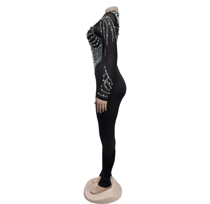 Elegant Women Jumpsuit Streetwear 2024 Spring Fashion Versatile Casual Solid Color Hot Diamond Long Sleeve Jump Suits for Female