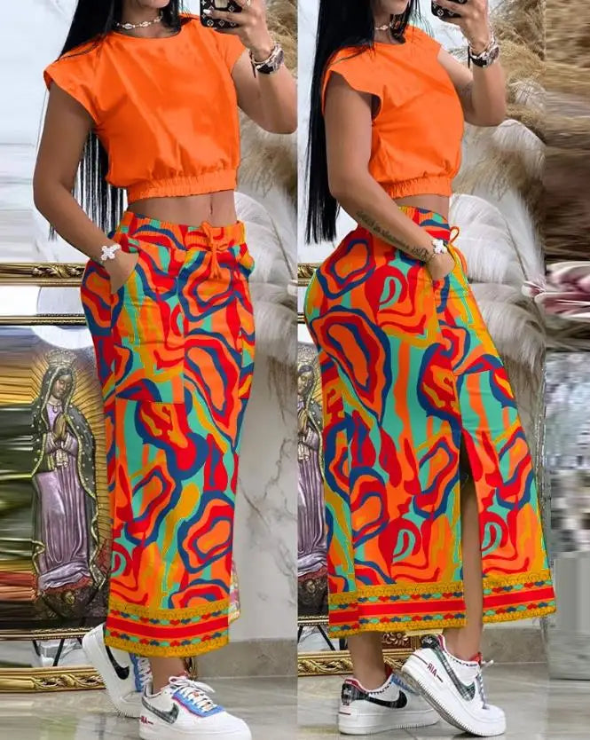 Two Piece Sets Women Outifit 2023 Summer Fashion Print Colorblock O-Neck Short Sleeve Crop Top & Casual Striped Pocket Skirt Set