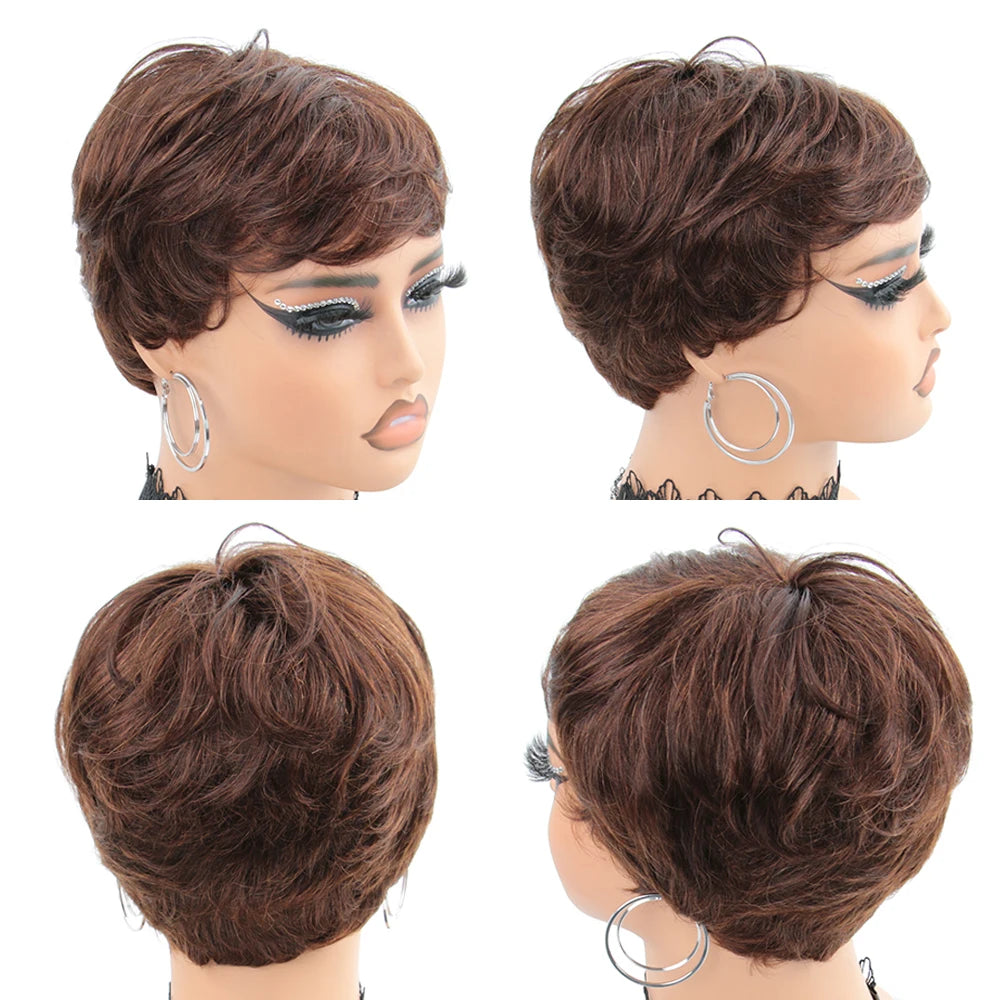 Schokoladenbraune kurze Pixie-Schnitt-Perücke Echthaar für schwarze Frauen Maschinell gefertigte Perücken mit Pony Braune Pixie kurze Echthaar-Perücken