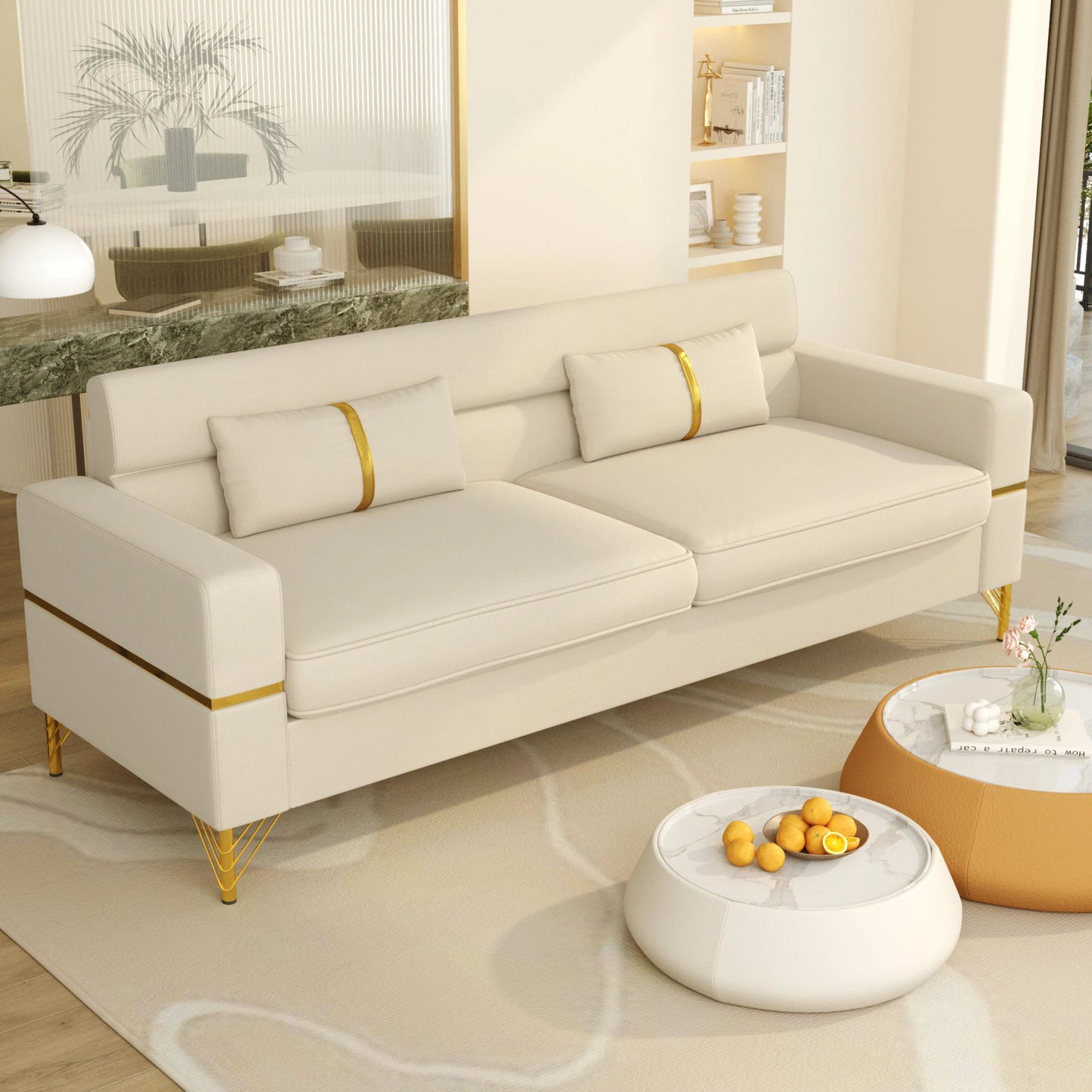 86-Zoll-Samtsofa mit goldenen Beinen – Bequemes Sofa, Loungesofa, 3-Sitzer-Couch – Luxuriöses Samtsofa für die Wohnzimmereinrichtung