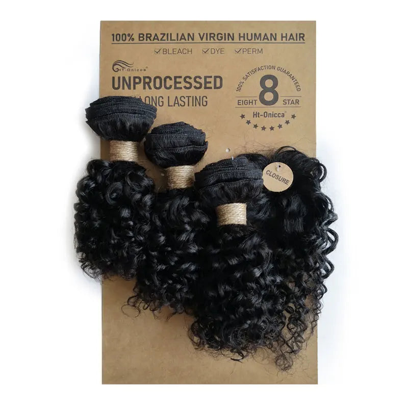 Lockiges Echthaar-Bundles mit Closure, kurzes indisches Echthaar-Bundles mit kreisförmigem Closure