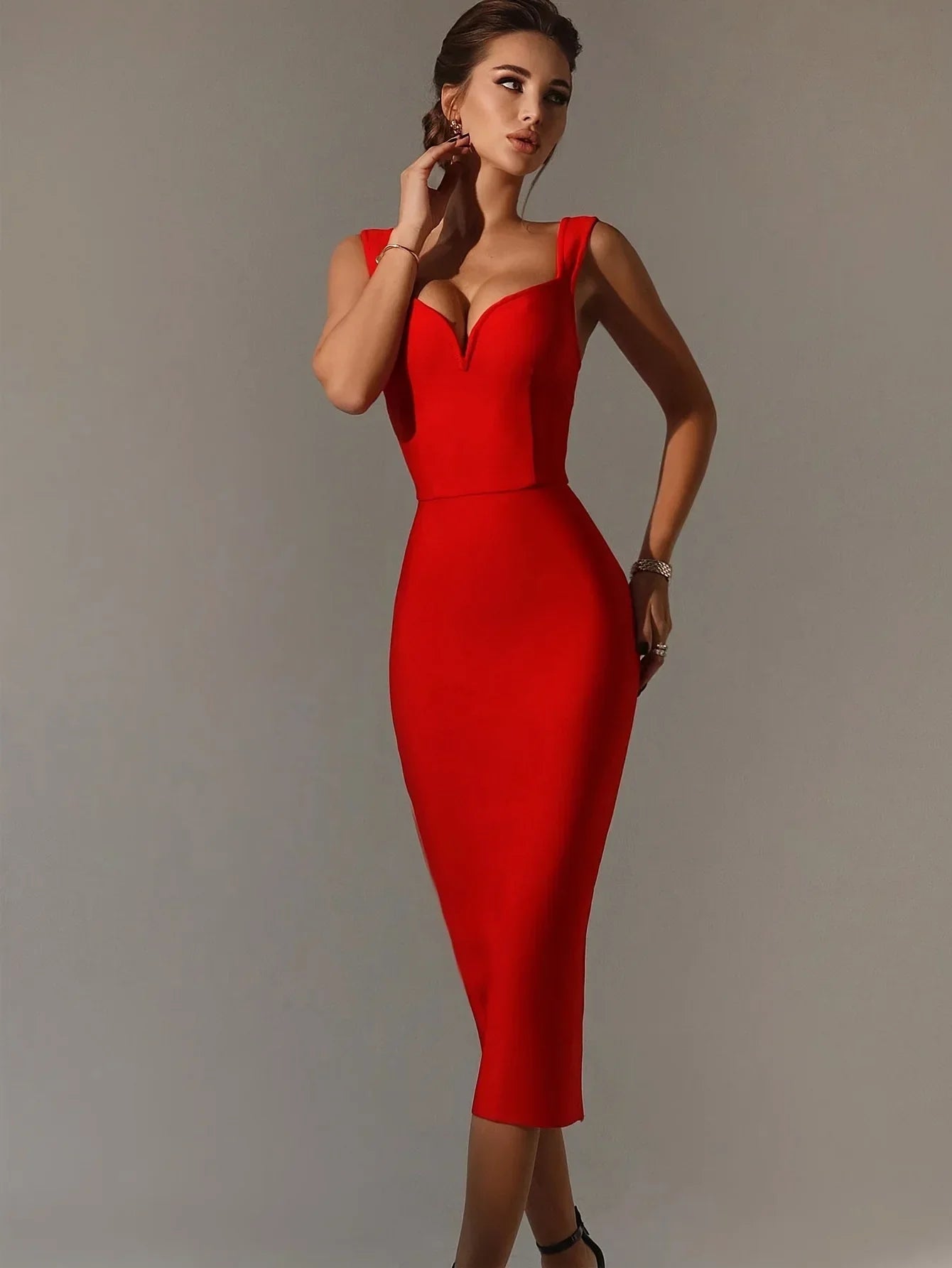 Midi Bandage Dress Women Red Party Dress Bodycon Elegant Sexy V Shaped Spaghetti Strap Evening Birthday Club Outfit 2023 Summer
