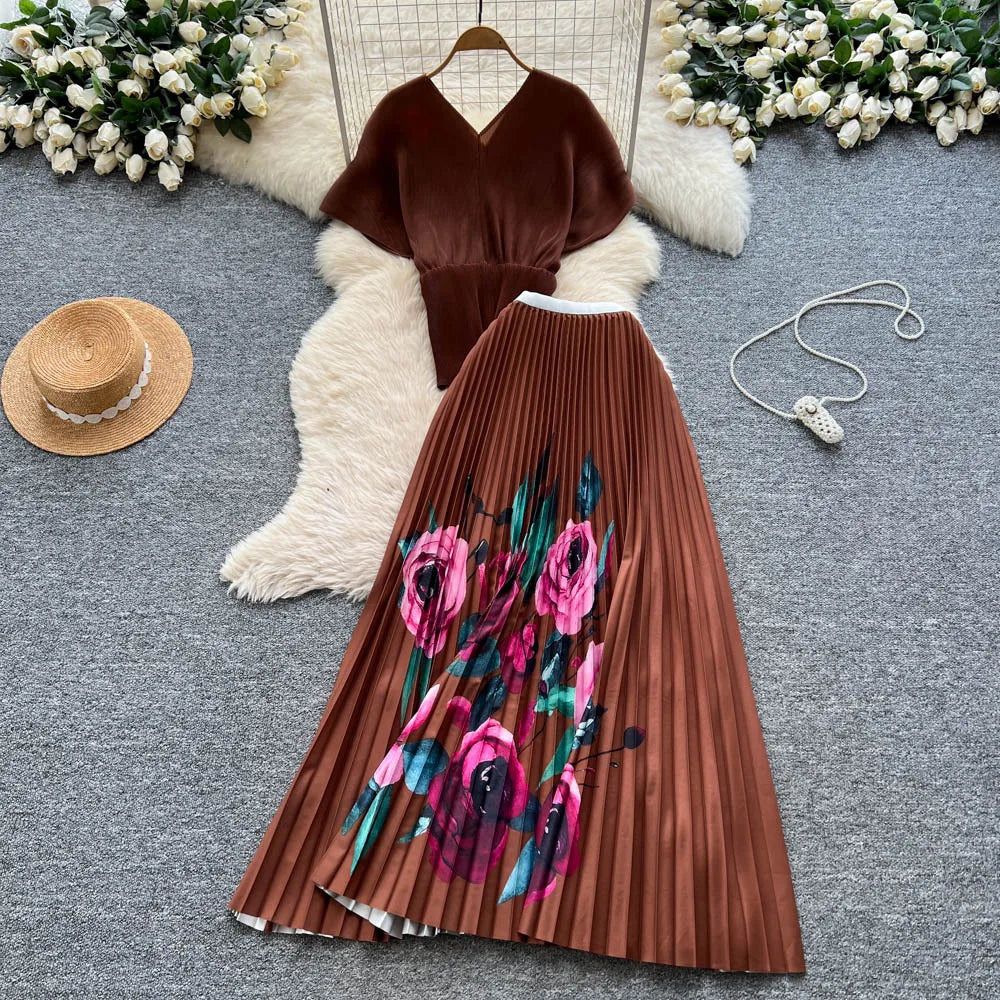 Two Pieces Women Dress Sets Solid Matching Sets V Neck Printing Top High Waist Pleat Dress Loose Fit Casual 2025 Autumn Winter