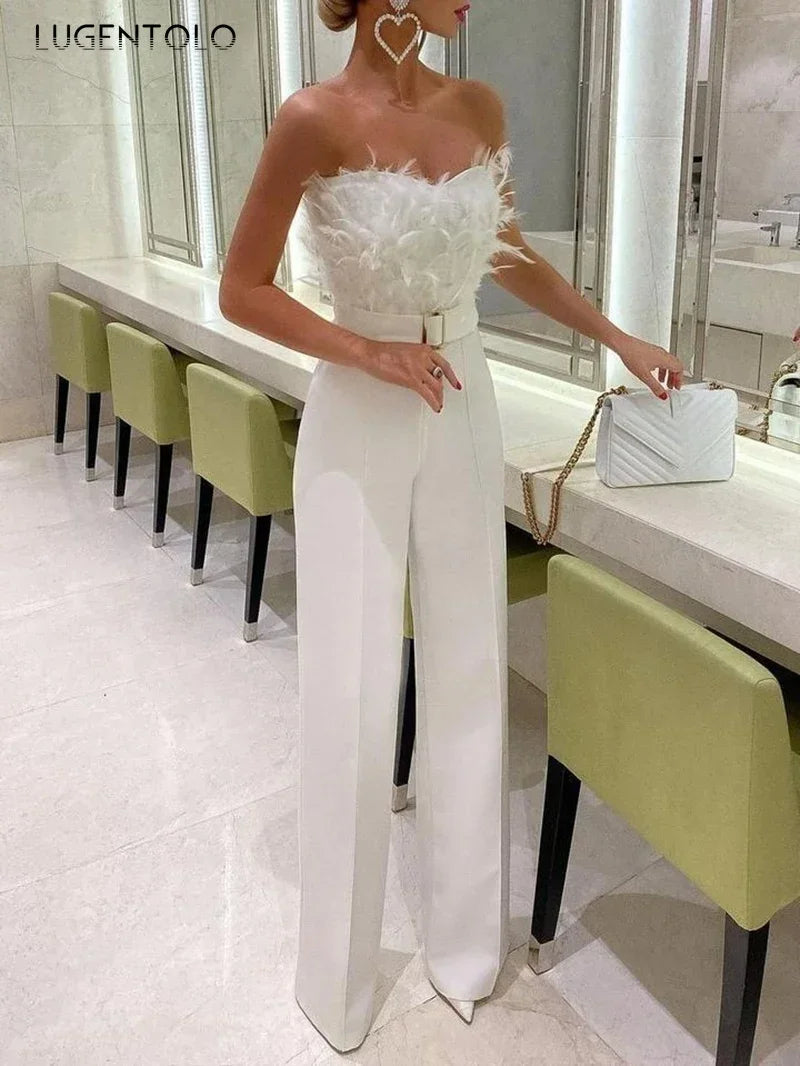 Damen Sexy Jumpsuit Brustwickel Frühling Sommer Mode Weiblich Elegant Weiß Empire Lässig Gerade Lange Jumpsuits