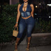 HLJ&GG Blue Fashion Denim Halter Two Piece Sets Women Sleeveless Backless Slim Crop Top And Skinny Jean Pants Outfits Streetwear
