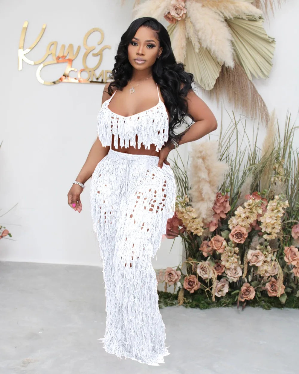 FAGADOER Sexy Hollow Out Tassels Pants Two Piece Sets Women Halter Sleeveless Backless Crop Top + Pants Outfit Female Streetwear