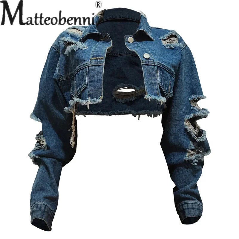 Fashion Zerissene Löcher Langarm Kurze Jeansjacke Damen Trend Streetwear Freizeit Oberbekleidung Damen Doppelknopf Splicing Mantel