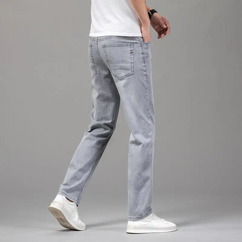 Sommer elastische Herrenjeans Mode Grau Bequeme Business Straight Stretch Baumwolle Casual Denim Hose Marke Männliche Dünne Hosen
