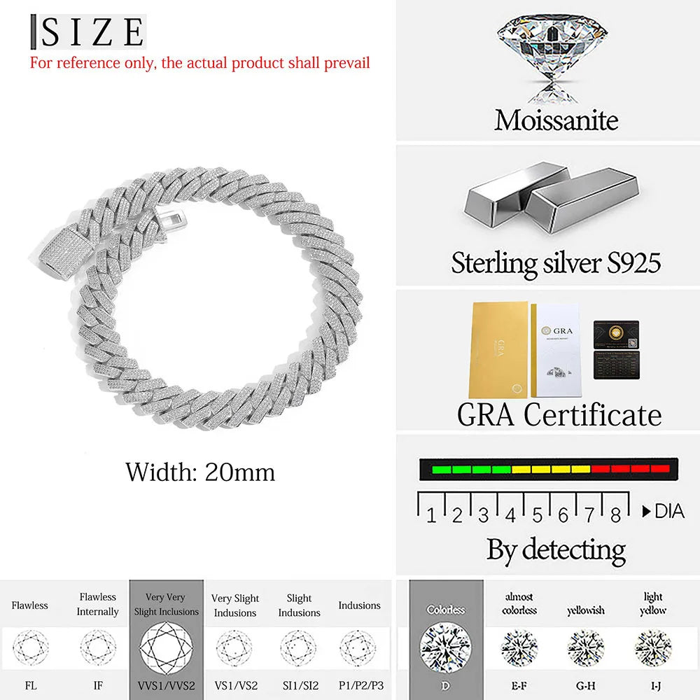 Pass Diamond Test Hip Hop Jewelry VVS1 Stone Shiny 2row 3row Men Women 925 Sterling Silver Necklace Moissanite Cuban Link Chain