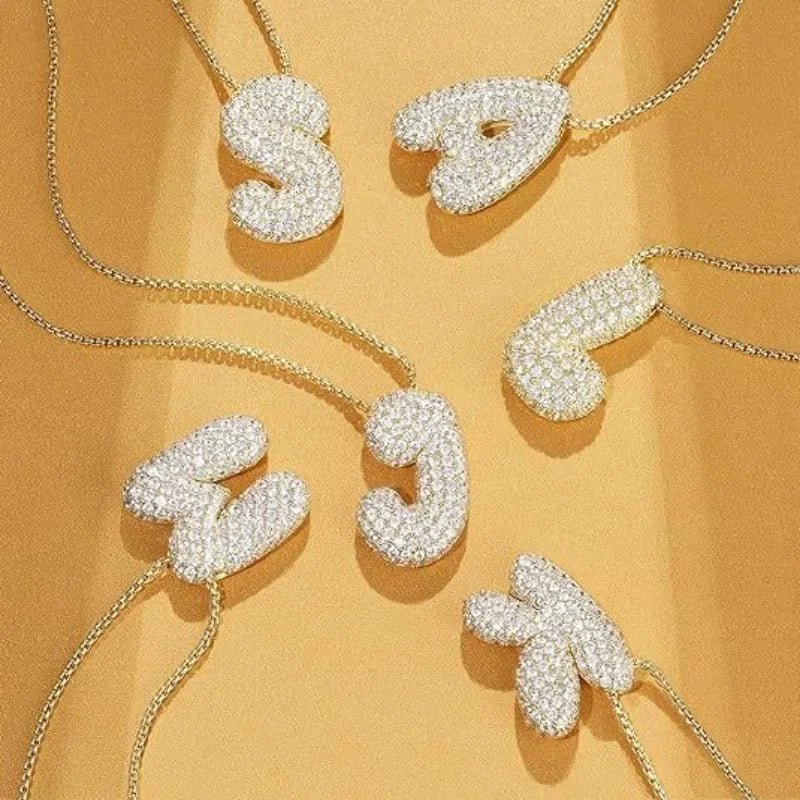 18K Vergoldet Wasserdicht Dicke Blase Alphabet Buchstabe Schlüsselbein Halskette Funkelnder Strass Ballon Initialen Schmuck