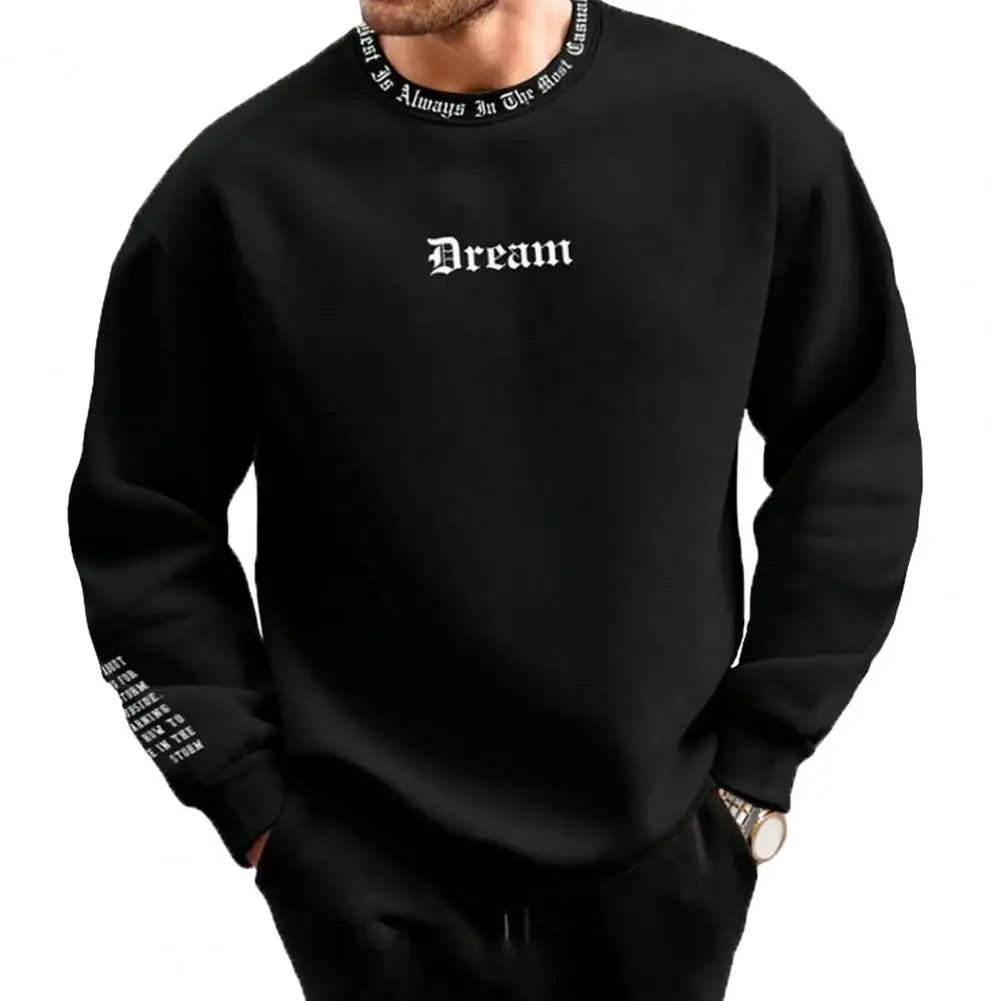 Men Fall Winter Sweatshirt Round Neck Long Sleeve Men Top Letter Print Thick Loose Warm Mid Length Men Casual Top