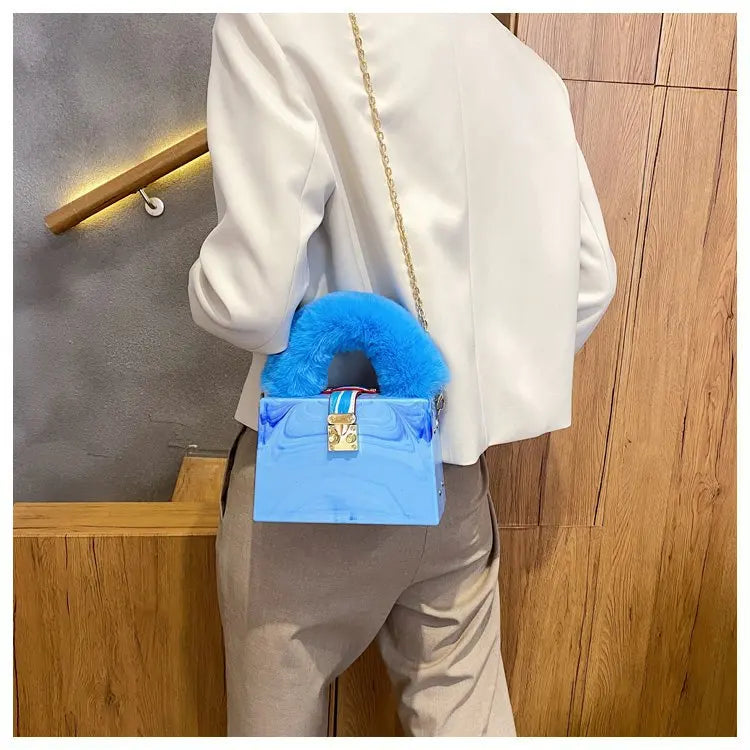Faux Fur Top Handle Acrylic Party Box Clutch Fashion Purses and Handbags for Women Designer Evening Bag Chain Shoulder Bag