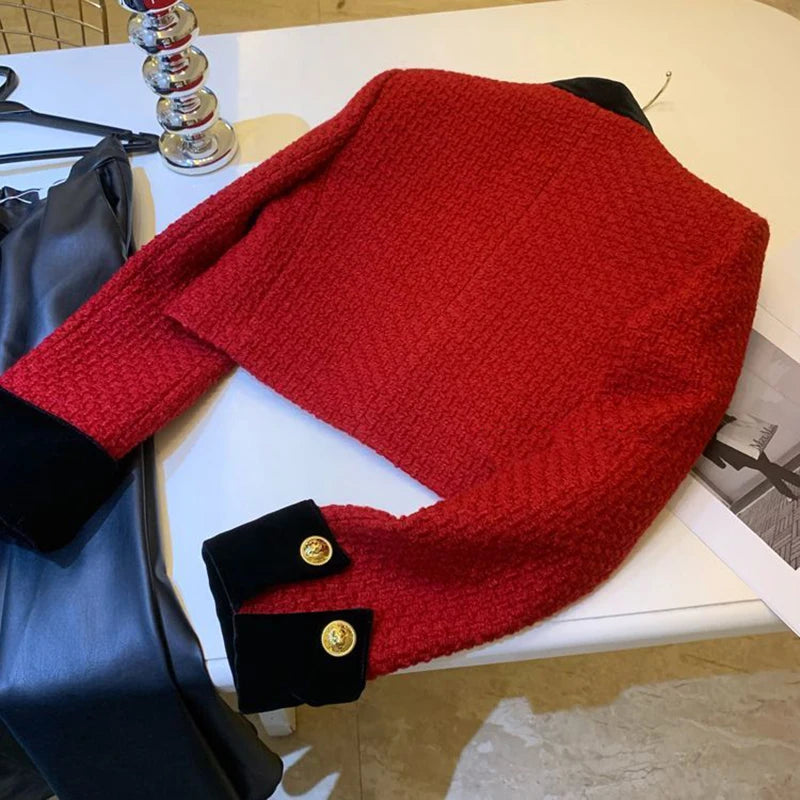 Fashion Stitching Tweed Short Jacket Women Autumn Winter Elegant Office Lady Coat Y2K Korean O Neck Single Breasted Crop Outwear