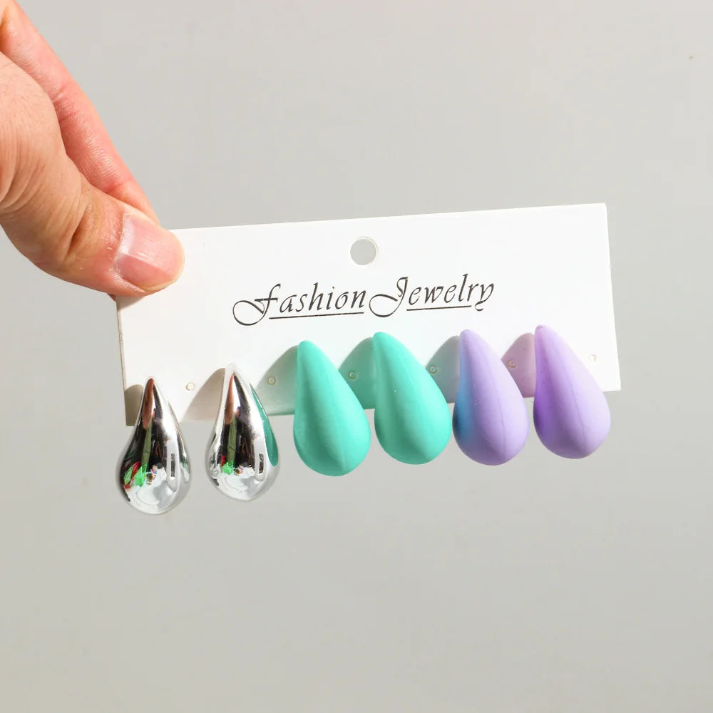 3 Pair/Set Chunky Gold Plated Waterdrop Hoop Earrings for Women Smooth Multicolour Acrylic Tear Drop Earring Lightweight Jewelry