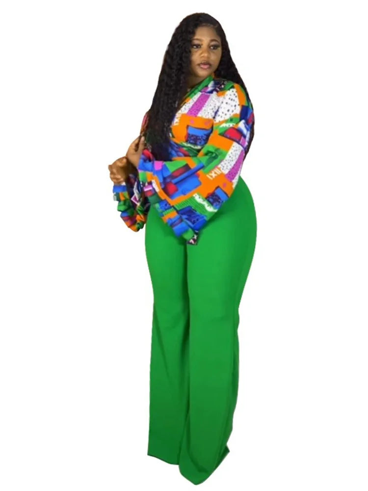 Wmstar Plus Size Two Piece Sets Wholesale Long Sleeve Print Top and Wide Leg Pants Matching Suit Fall Clothing Dropshopping