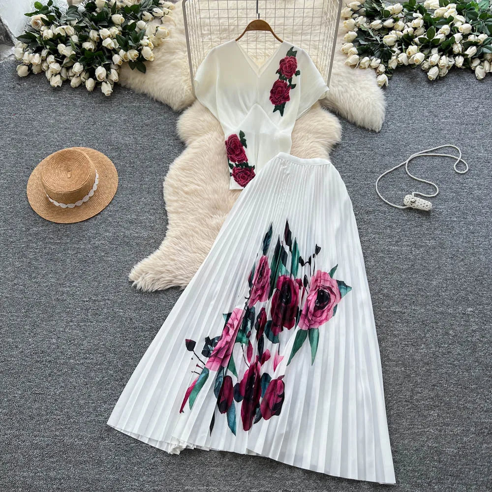 Two Pieces Women Dress Sets Solid Matching Sets V Neck Printing Top High Waist Pleat Dress Loose Fit Casual 2025 Autumn Winter