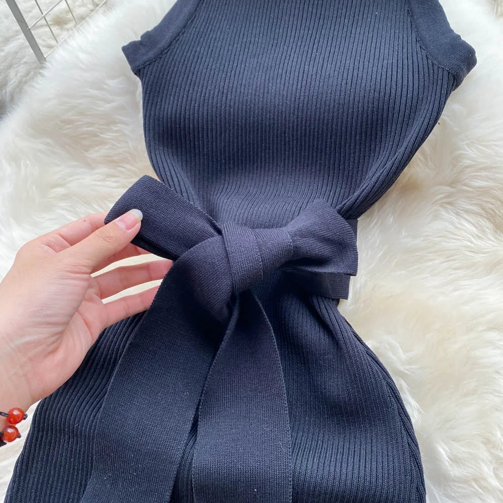 YuooMuoo Women Dress 2025 Summer Elegant Rib Knit Slim Waist Bandage Pencil Dress Office Lady Sleeveless Bodycon Sweater Dress