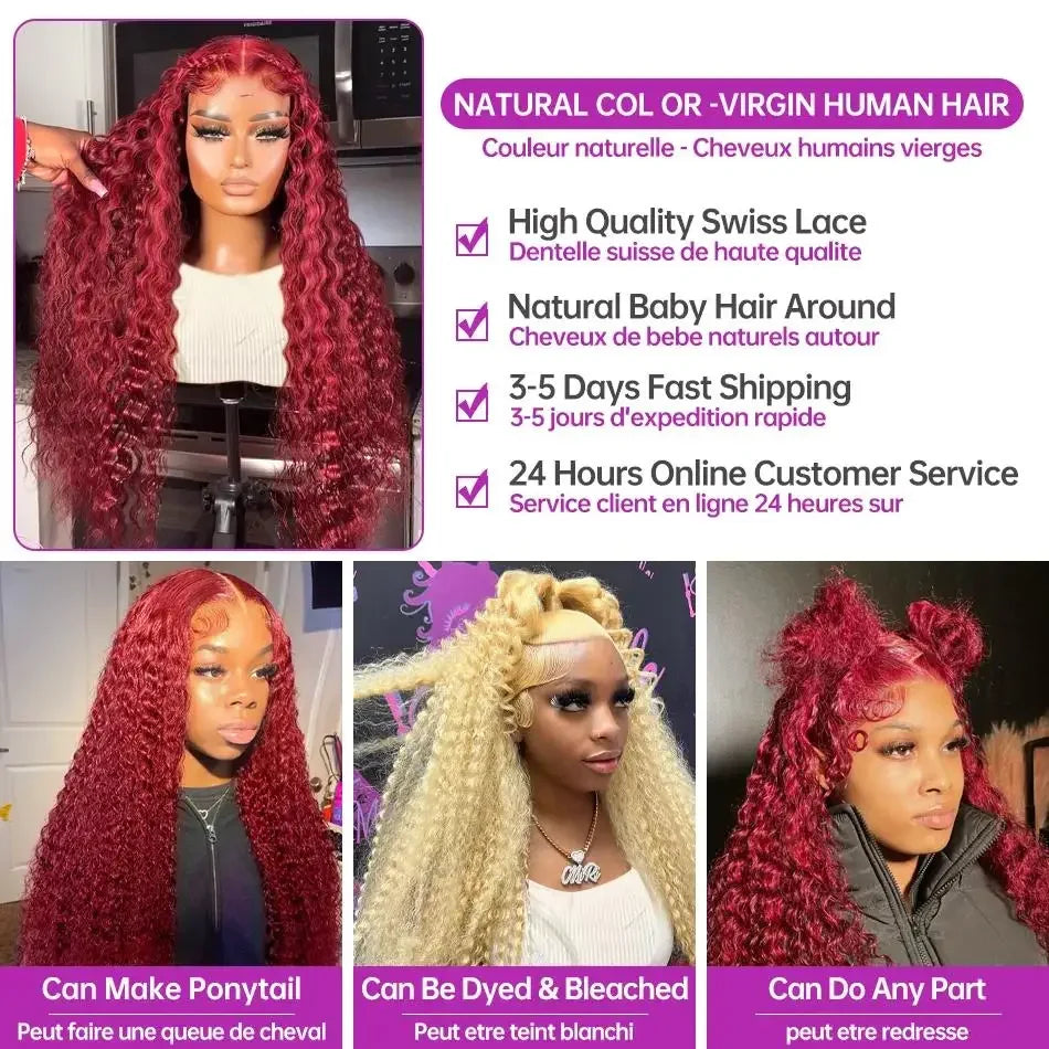 250 Dichte 30 Zoll 13x4 99J Burgundy Deep Wave Lace Front Perücke Lockige Lace Front HD Lace Front Echthaar Perücken für Frauen