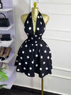 CM.YAYA Women Dot Printed Sleeveless Halter V-neck Big Swing A-line Mini Dress 2025 Summer Vacation Sexy Party Evening Dresses