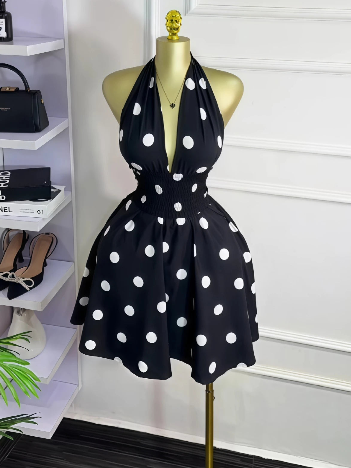 CM.YAYA Women Dot Printed Sleeveless Halter V-neck Big Swing A-line Mini Dress 2025 Summer Vacation Sexy Party Evening Dresses
