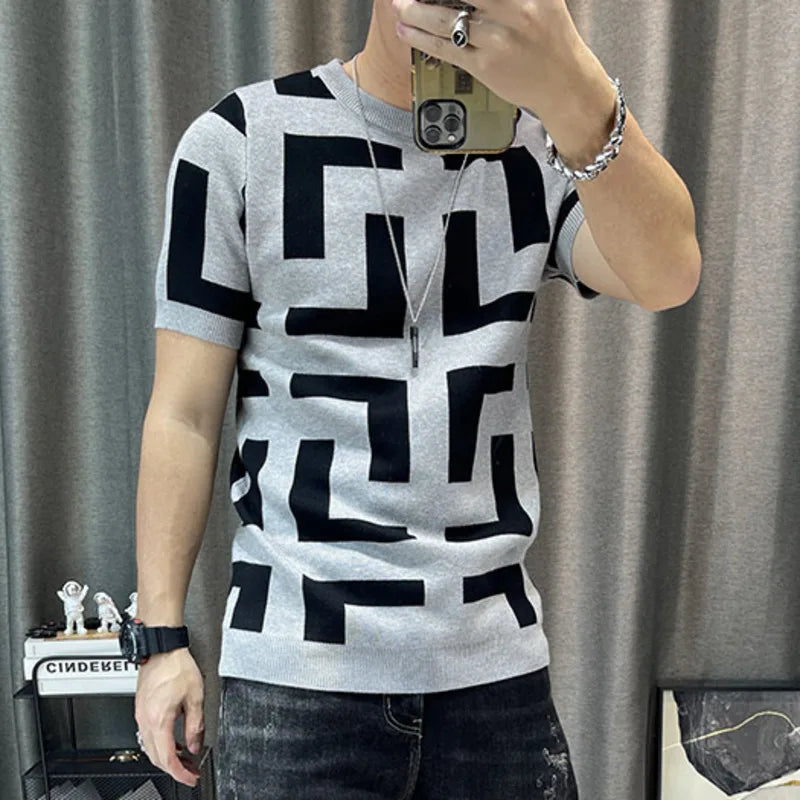 Luxury Men Autumn Knitted Tshirt 2024 Korean O-neck Short Sleeve Top Tees Streetwear Male Social Club Slim Fit Casual T-Shirt