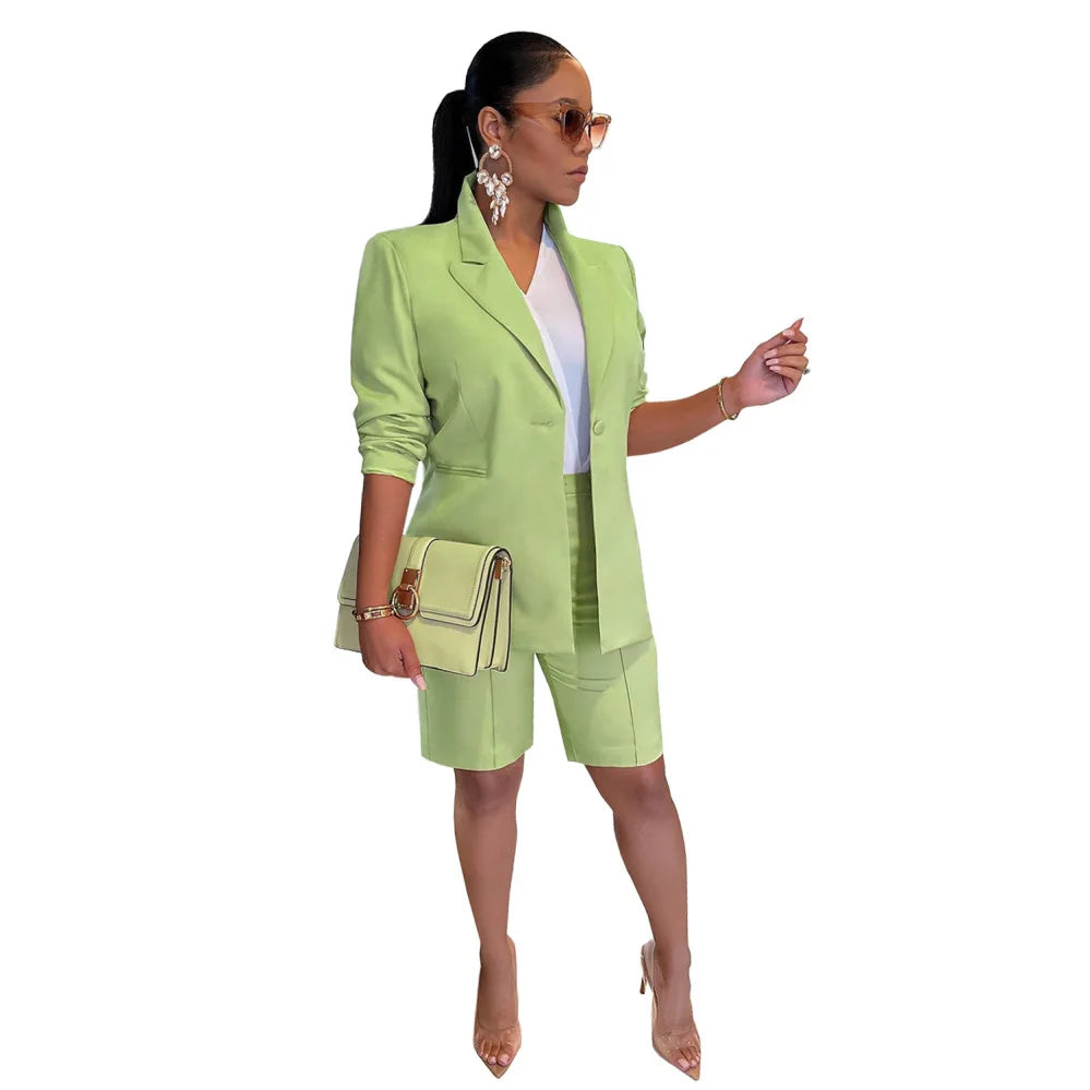 2 Piece Set Blazer Short Suits Knee Length Pant Set Simple Solid Color Office Suit Lady Women Blazer Trousers Two Piece Set