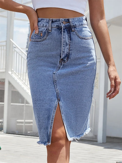Damenblauer Jeansrock mit Frontschlitz, Taschen, hoher Taille, schmal, Reißverschluss, Midiröcke 2023, Frühling, weibliche Freizeit-Streetwear