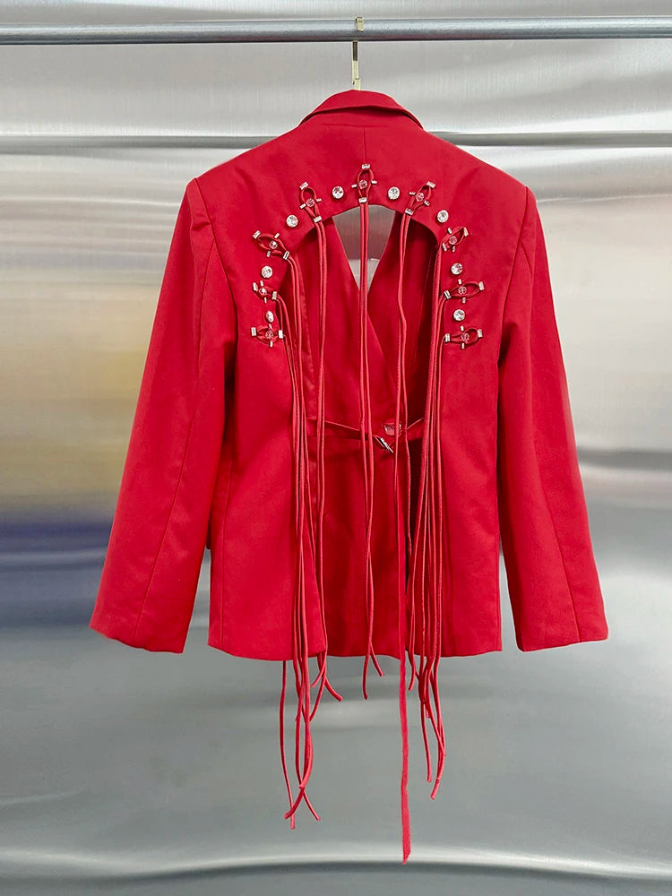 VGH Minimalistische Patchwork-Blazer mit Kordelzug für Damen, Revers, lange Ärmel, rückenfrei, ausgeschnittener Blazer im weiblichen Stil