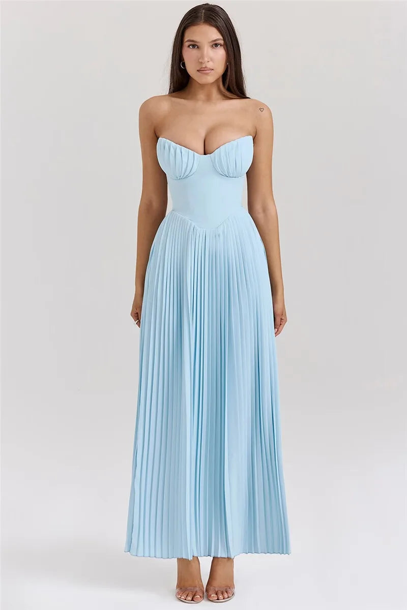 Mozision schulterfreies, rückenfreies, plissiertes Maxikleid für Damen, modisch, trägerlos, ärmellos, hohe Taille, eng anliegend, sexy, langes Kleid