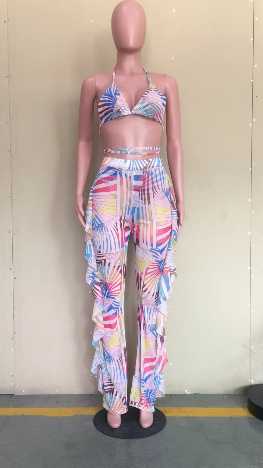 Bra+tassel Pants Suit  2 Piece Set Women Hot Pink Swimsuit Mesh Bathing Suit Sexy Matching Swimwear Viquinis Mujer 2022