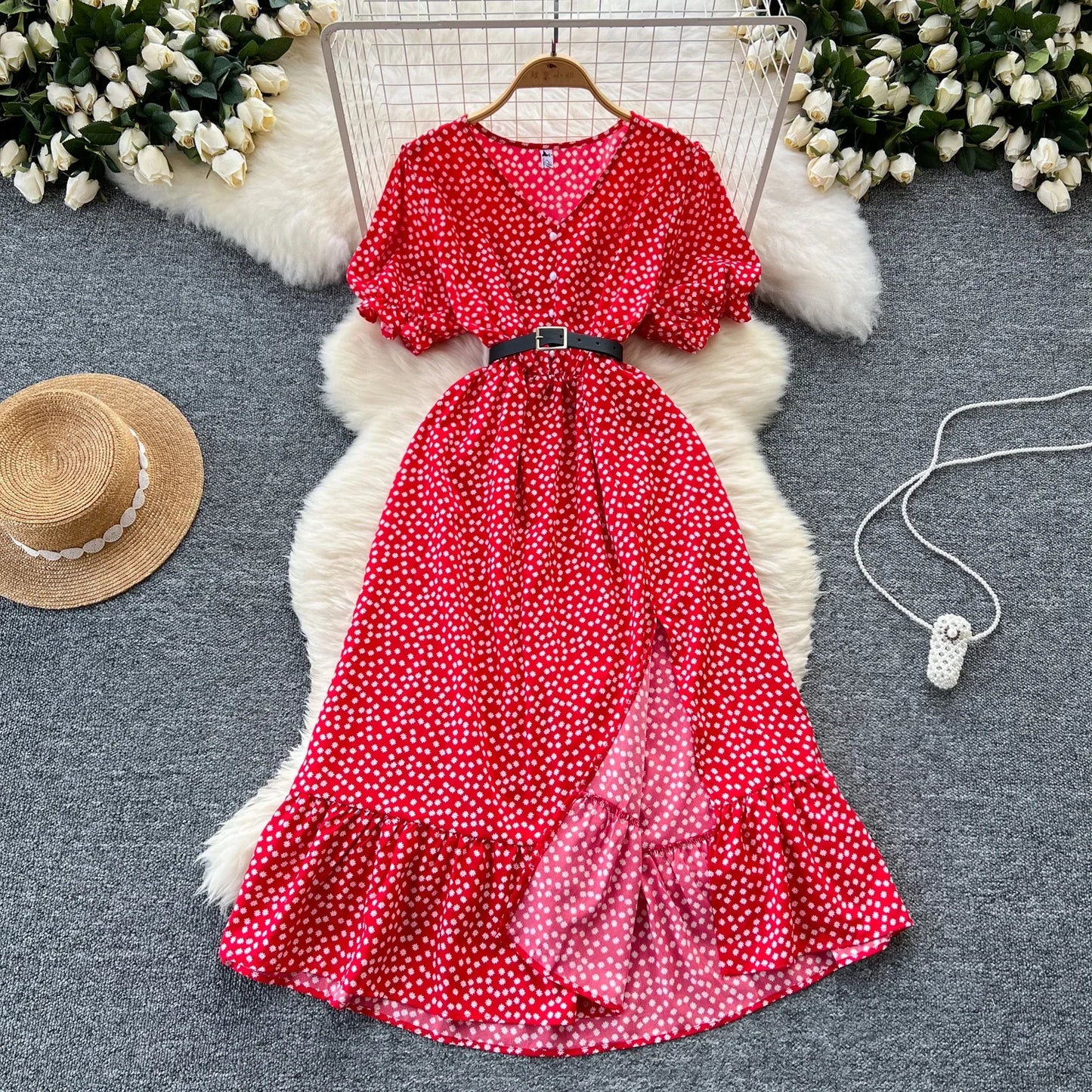 Sommer Plissiert Damen Knopfkleider Lässige Strandurlaub Kurzarm V-Ausschnitt Damen Midikleid Böhmische Mujer Vestidos