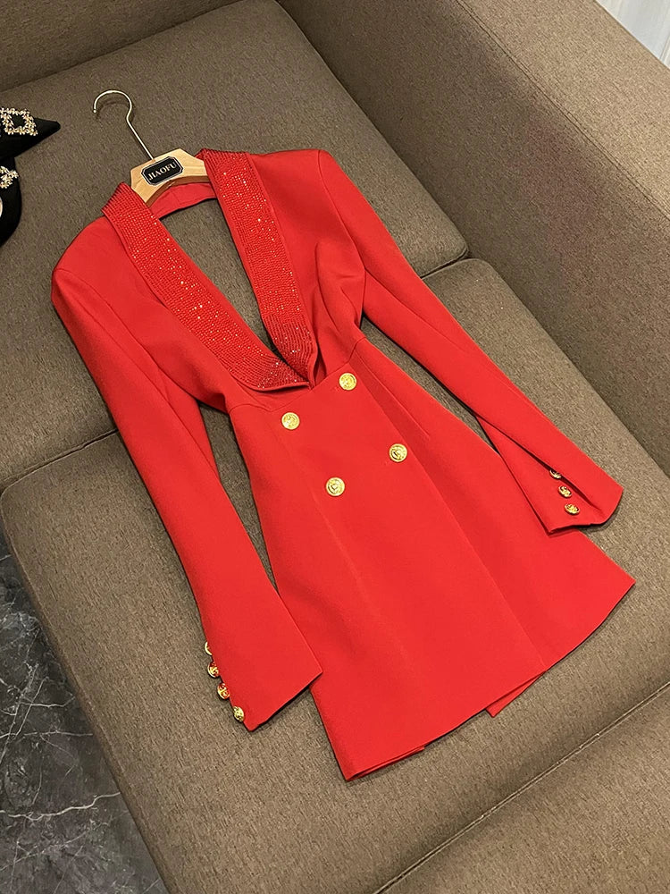 TWOTWINSTYLE Solider Blazer mit Aushöhlungen für Damen, Schalkragen, Langarm-Tunika, gespleißter Knopf, Temperament-Blazer Weiblich KJA501707