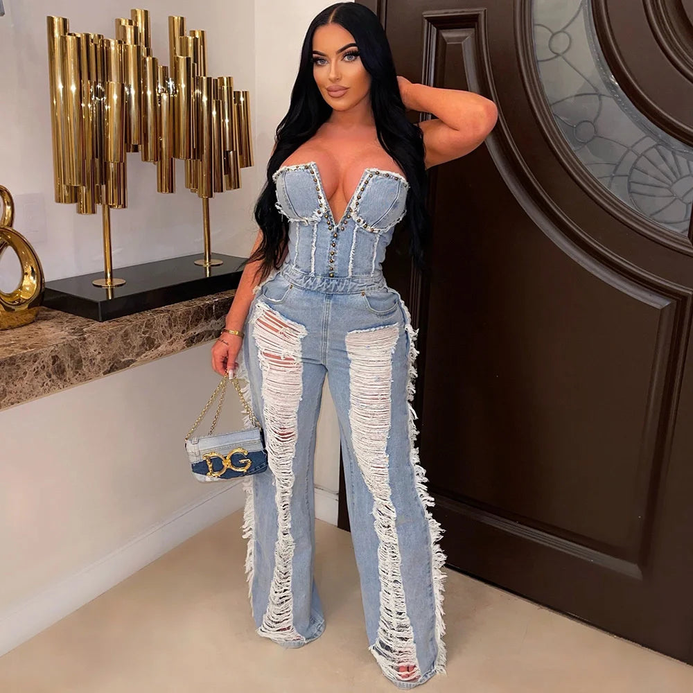 Sibybo Quaste Hollow Out Overalls für Damen Nieten Strass Trägerlos Rückenfrei Jeans Street Fashion Trend Jumpsuit Femme
