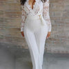 Sexy Deep V-neck Solid Jumpsuit Elegant Office Lady Hollow Lace Long Sleeved Slim Belt Jumpsuit Autumn Commuting Women Clothing