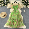 Elegant Slash Neck Vintage Short Puff Sleeve Chic Print Slim Chiffon Dresses French High Street Evening Autumn Mesh Clothing